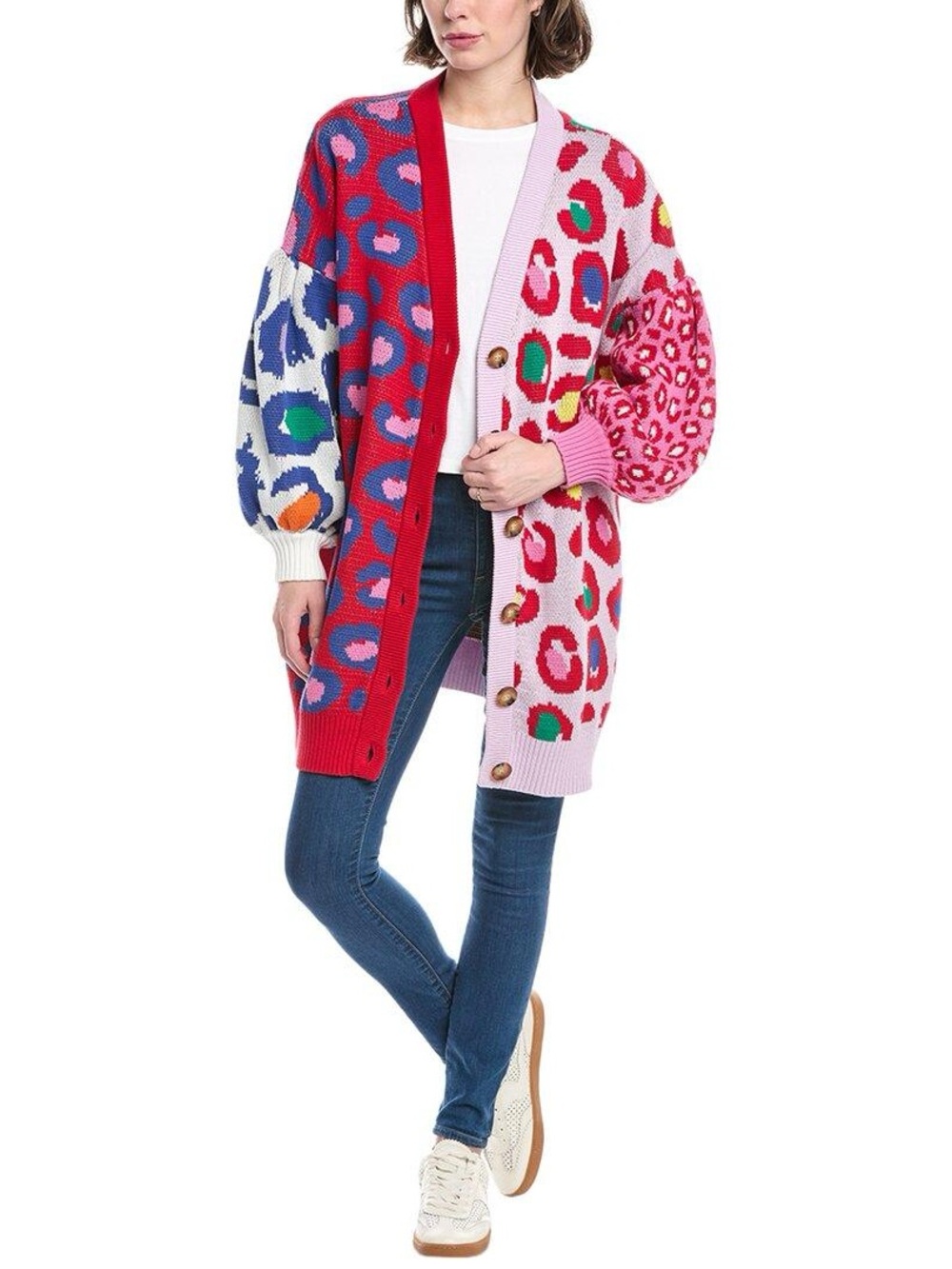FARM Multicolor Leopard-Print Button Cardigan in Pink, Red & Blue